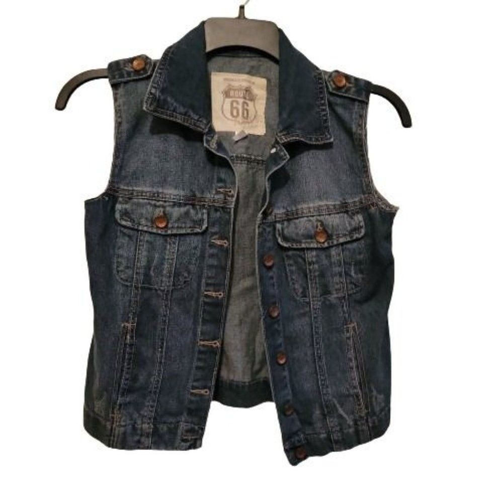 Route 66 Womens Blue Pockets Pockets Collared Denim Trucker Vest Size XS